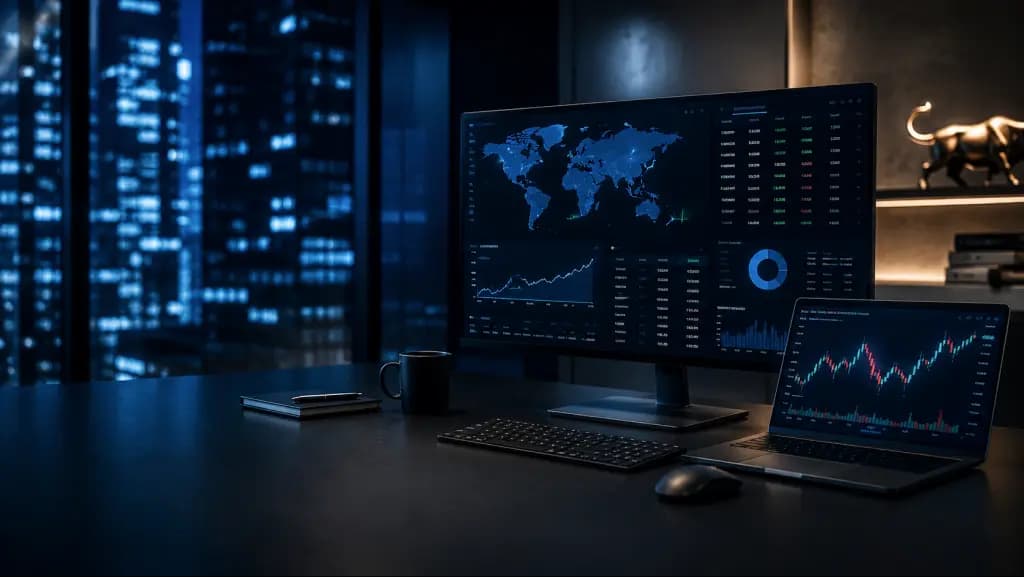 Trading desk dengan monitor analisis pasar Astronacci
